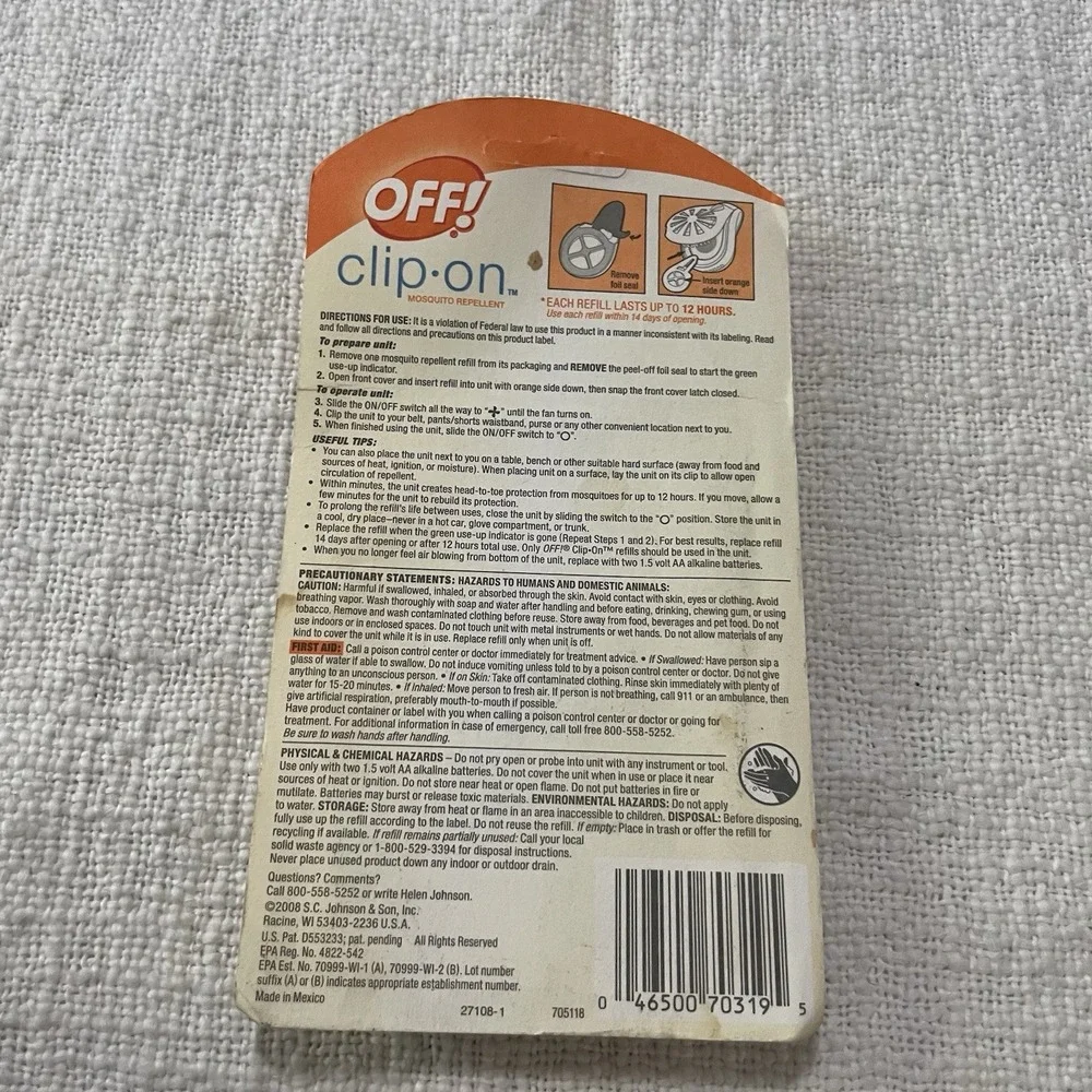 OFF! Clip-On Mosquito Repellent Refills 1 Pack w/2 Refills New Sealed 12‎ hrs